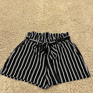 High-Waist Black & White Striped Paperbag Shorts